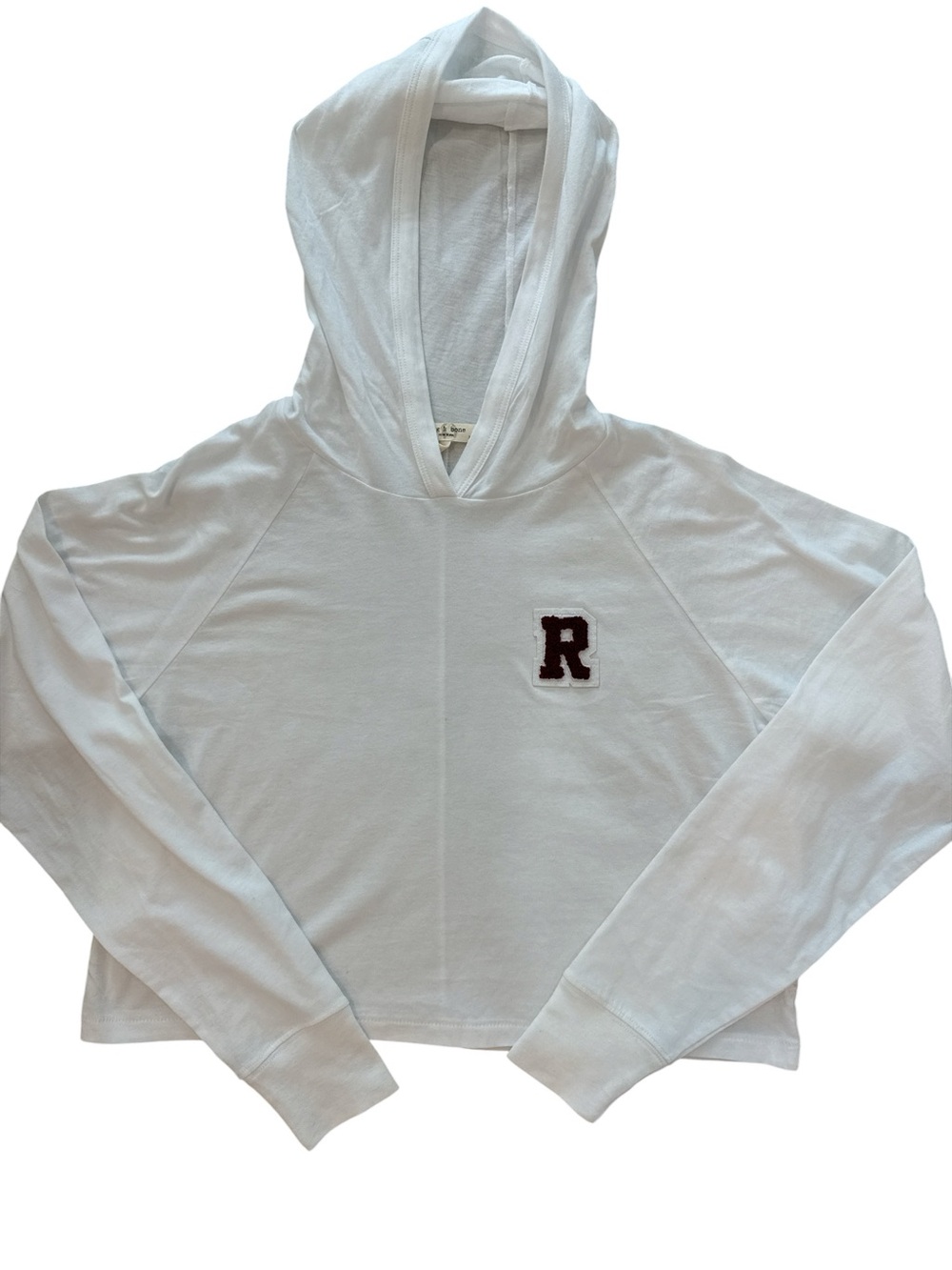rag & bone White Hooded Crop Sweatshirt with Burgundy 'R' Patch